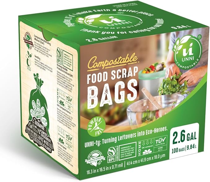 UNNI Compostable Trash Bags, 2.6 Gallon / 9.84 Liter, 100 Count, Extra Thick 0.71 Mil Small Kitchen Food Scrap Bin Liners, Certified by BPI, CMA & OK compost HOME, Meets the ASTM D6400 Standard