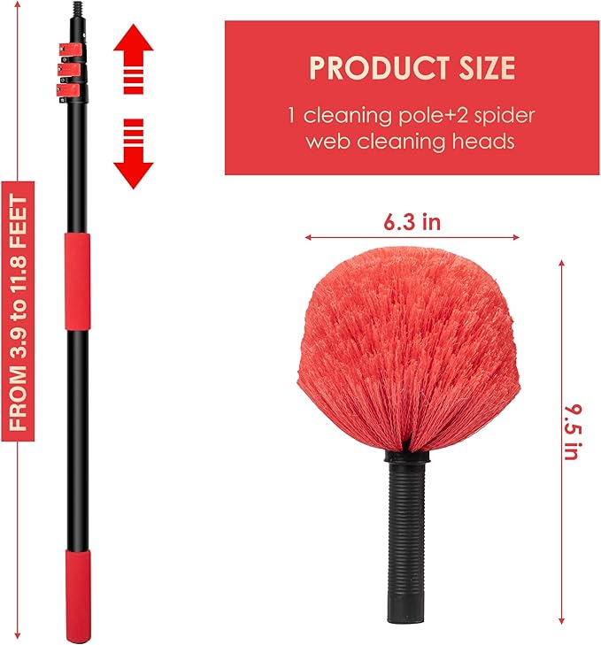 5-12 FT Cobweb Duster with Extension Pole, 20 FT High Reach Spider Web Brush with Telescopic Pole, Extendable Duster with 2 Outdoor Cobweb Brushes, Duster for High Ceiling