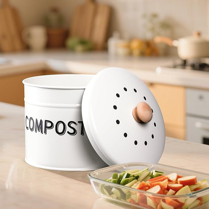 Compost Bin for Kitchen Counter, 1 Gallon Compost Bucket with Lid and Charcoal Filter, Countertop Composter, Rust Proof Indoor Food Waste Bin, White
