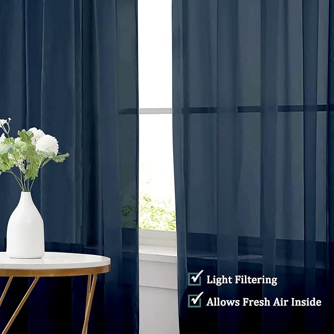 Chyhomenyc Sheer Window Curtains 108 inch Length 2 Panels Set, Airy Soft-Touching Rod Pocket Voile Drapes Backdrops Scarves for Living Room/Bedroom/Hotel/Patio, Each 42 W x 108 L, Navy Blue