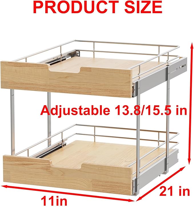 Pull Out Cabinet Organizer,Heavy-Duty Slide Out Shelf, Wood and Wire Basket, Pull Out Drawer for for Kitchen Under Sink Space, Pantry, Bathroom, 2 Tie 11 * 21 in
