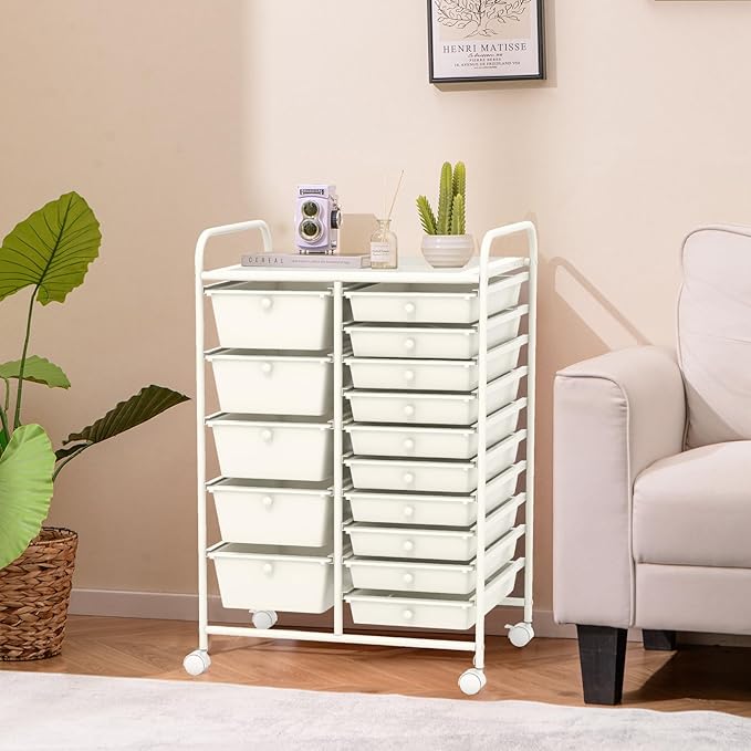 GOFLAME 15-Drawer Rolling Storage Cart, Multipurpose Movable Organizer Cart, Utility Cart for Home, Office, School, White