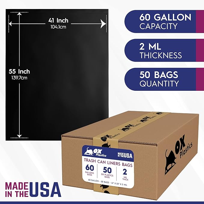 Ox Plastics 60 Gallon Trash Can Liners Bags - 50 Count Capacity & 2mil Thick Extra Heavy Duty Strength -Large Garbage, Leak-Proof & Durable Bag Black