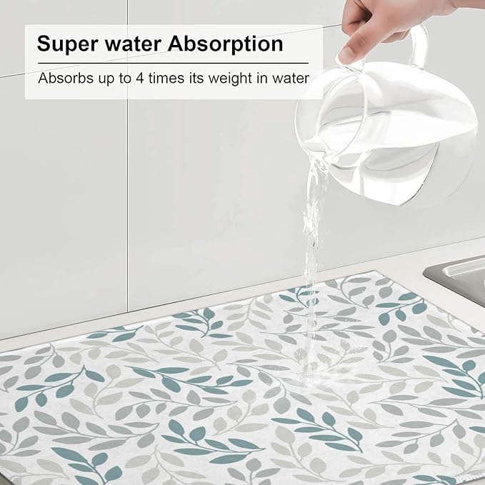 Grey And Blue Leaves Branches Microfiber Absorbent Reversible Dish Drying Mat For Kitchen Counter Xl Large Pad 18 X 24 Inch