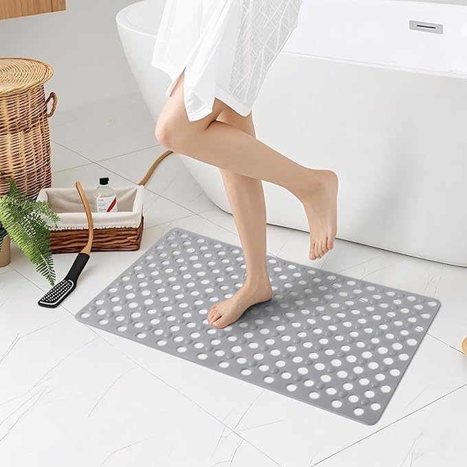 Non Slip Bathtub Mat and Shower Mat 31x17 inch,Bath Mat with Quick Dry Drain Holes and Suction Cups, Soft Comfortable Safe Bathroom Mat for Bath Tub, Floor, Tile (Grey)