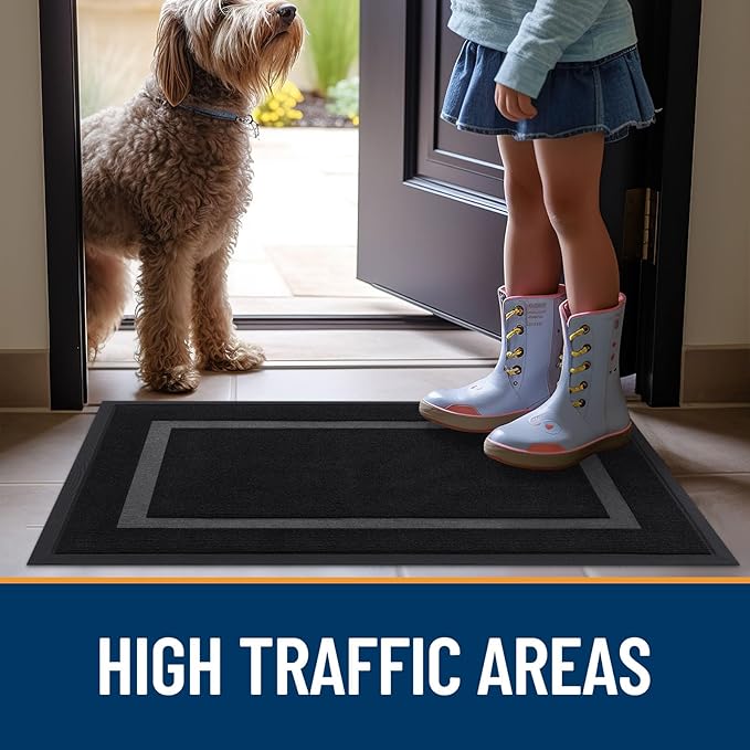 OLANLY Front Door Mat Indoor Outdoor Entrance, Waterproof All-Season, All-Weather Doormat, Sturdy Natural Rubber, Fade Resistant, Low Profile, Easy Clean Patio Porch Entryway Mat, 47x24, Black