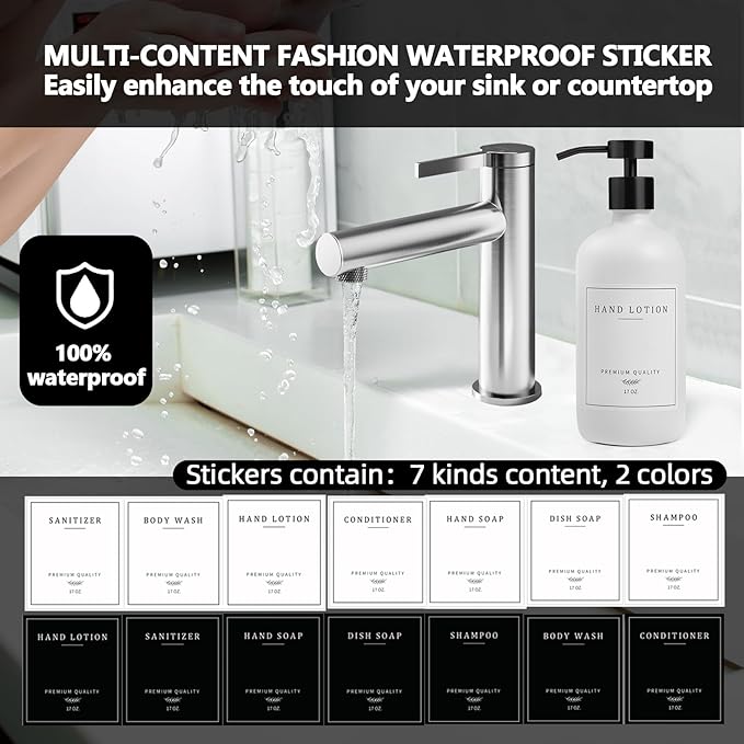 Kitchen Soap Dispenser - Hand and Dish Soap Dispenser Set, Bathroom Glass Soap and Lotion Dispenser with Pump, Tray, 14 Waterproof Labels, Set of 2 White Bottle/Black Pump-pd