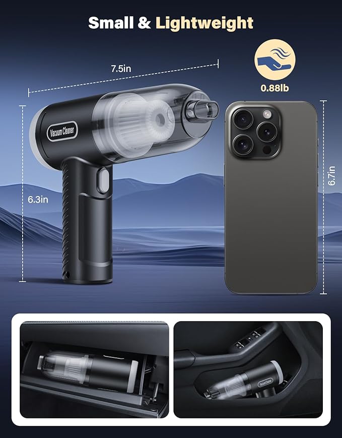 Car Vacuum Portable Cordless, 16000Pa Handheld Vacuum Mini Vacuum Cleaner High Power with Best Suction Brushless Motor, 4 in 1 2-Speed Air Duster Portable Vacuum for Car Keyboard Pet Hair