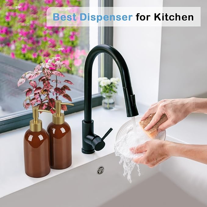 Natheeph 14OZ Ceramic Soap Dispenser Ceramic Soap Pump Dispenser Can Fill Liquid for Bathroom/Kitchen (2PC Brown)