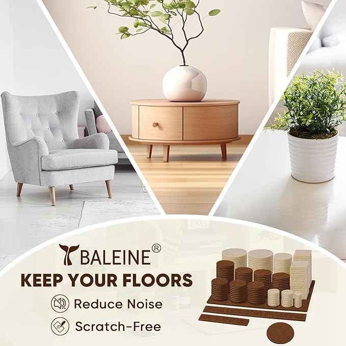 BALEINE 141PCS Felt Furniture Pads, Multi-Size Felt Pads for Chair Legs, Tables, Beds, Scratch-Reducing Floor Protectors for Hardwood Floors, Tile, Vinyl, and Laminate (141PCS, Beige+Brown)