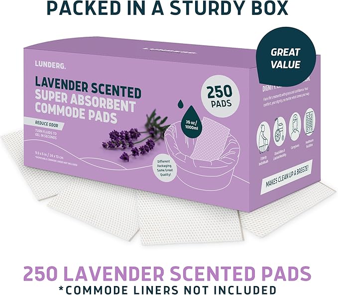 Lunderg Lavender Scented Super Absorbent Commode Pads - Medical Grade Value Pack 250 Count - for Disposable Bedside Commode Liners, Adult Chairs, Portable Buckets & Camping Toilet Bags - Light Scent