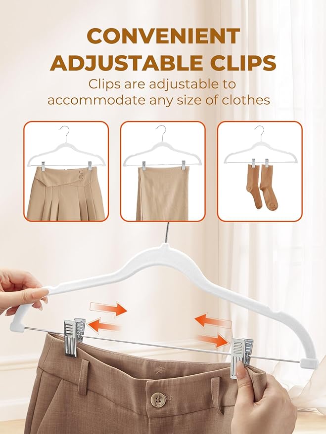 HOUSE DAY Velvet Skirt Hangers 24 Pack, White Velvet Hanger with Adjustable Clips, Space Saving Slim Pant Hangers, Heavy Duty Non Slip Clip Hanger for Pants, Skirts, Shorts