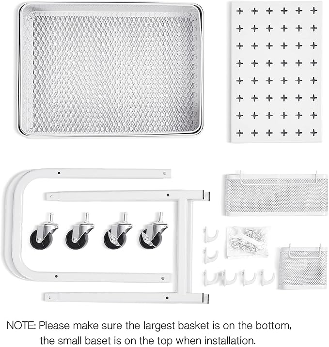 TOOLF 3-Tier Rolling Cart, Metal Utility Storage Cart with DIY Pegboards, Art Craft Trolley with Baskets Hooks, Serving Organizer Easy Assemble for Office, Home, Kitchen, Classroom (White)