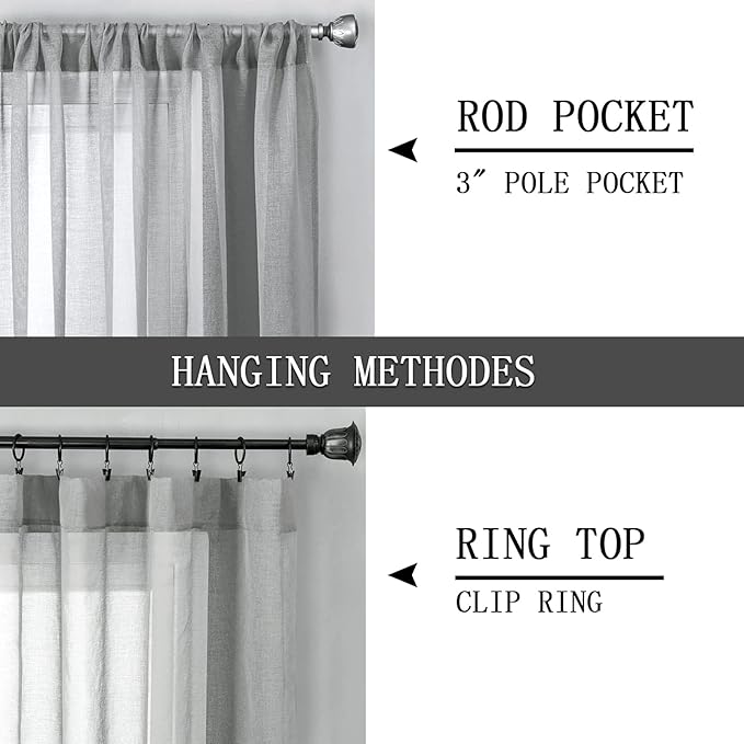 Tollpiz Short Sheer Curtain Living Room Linen Textured Curtains Sheer Light Filtering Voile Rod Pocket Curtain for Bedroom, 38 x 54 inches Long, Silver Grey, Set of 2 Panels