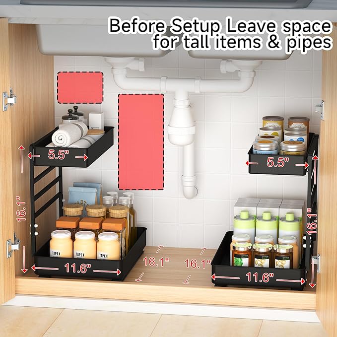 EVERIE Height Adjustable 2 Tier Metal Pull Out Slide Shelf Organizer for Under Sink Cabinets in Kitchen, Bathroom, with Snap-on Top Tray, 16" Deep (Black, 2 Sets)