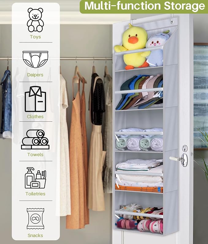 AOODA Over the Door Organizer, Large Capacity Closet Door Hanging Organizer, Clear Deep Pockets Baby Storage for Nursery, Bathroom, Bedroom, Pantry, Diapers (Grey)