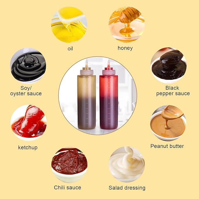 Squeeze Bottles for Sauces 2 Pack, 32 Ounce 1000ml Plastic Dressing Squirt Bottles with Cap Lids, Condiment Bottle for Liquids BBQ Dressing Pancake Art Dispenser