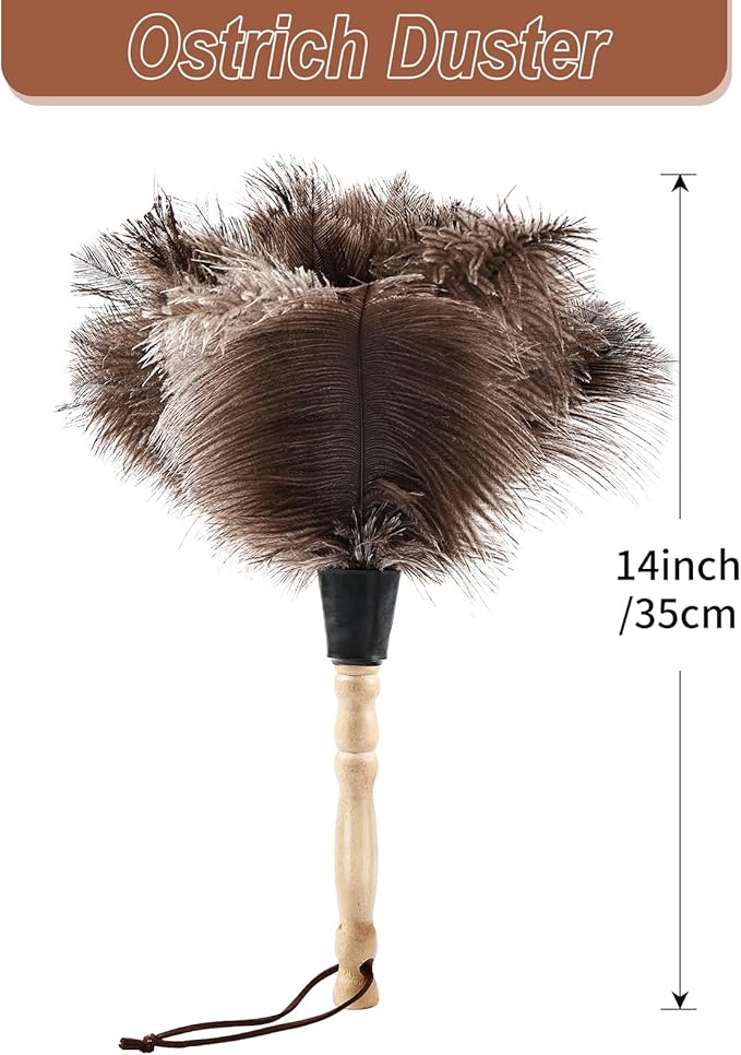 Ostrich Feather Duster 14" Natural Handheld Reusable Feathers Dusters with Wooden Handle for Cleaning Supplies Home Car Office