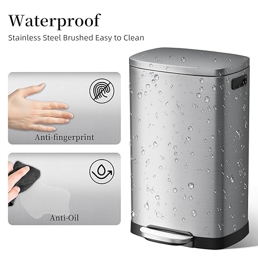 13 Gallon Trash Can with Lid, 50L Fingerprint Proof Stainless Steel Kitchen Trash Can with Removable Inner Bucket and Lid Soft Close, Pedal Rubbish Bin for Home Office（Silver）