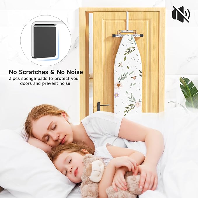 Over The Door & Wall Mount Ironing Board Hanger with Removable Hook, Metal Ironing Board Holder Organizer Wall Rack for Y & T Shaped (Silver)