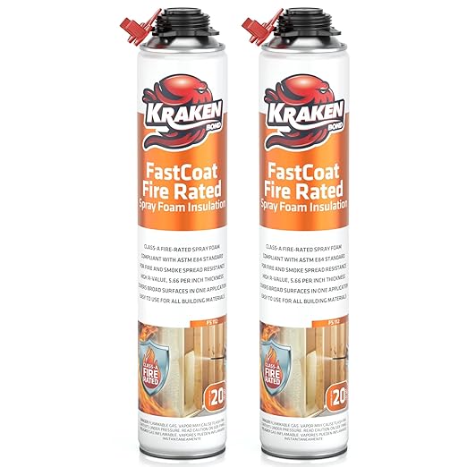 Kraken Bond Fastcoat Fire Rated Spray Foam Insulation Kit Closed Cell in a Can 40 sq ft (2x27.1 oz.) (R-Value 11.32 / 2in) - Spray Foam for Garage Door, Attic, Wall Gun & Cleaner Not Included, 2 Pack
