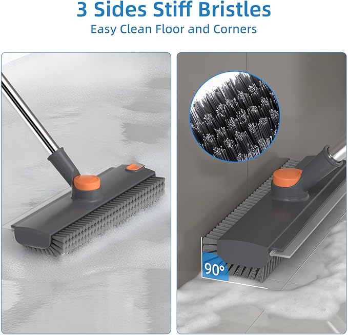 Scrub Brush with Long Handle, Floor Scrub Brush Squeegee Broom for Cleaning, 3 in 1 Shower Scrubber Floor Broom Squeegee for Concrete Tile Wall Deck Patio Grey