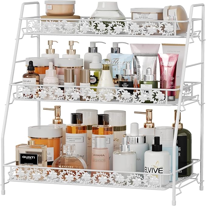 3-Tier Large Size Storage Rack,Counter Organiztion for Bathroom Countertop Organizer Shelf for Spice Racks for Kitchen/Sink/Bedroom/Living room/Office/Plant Rack with Two Metal Baskets