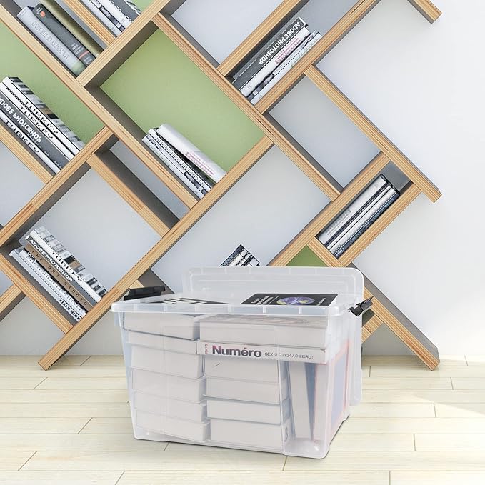 4 Pack Clear Storage Latch Bin with Lid, 34 L Plastic Wheeled Storage Box