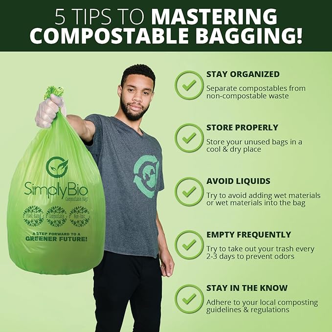 Simply Bio 13 Gallon Compostable Trash Bags Liners with Flat-Top, Thick 0.87 Mil, 49.21 Liter, 50 Bags, Tall Kitchen Food Scrap Waste Bag, ASTM D6400, US BPI and OK Compost Home Certified