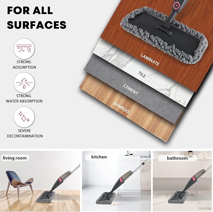 Microfiber Spray Mop for Floors Dry and Wet Mop with Dusting 360 Rotation for Kitchen, Hardwood, Laminate, Tile Floors Includes 4 Refill Heads, Scraper, Holder & Spray Bottle