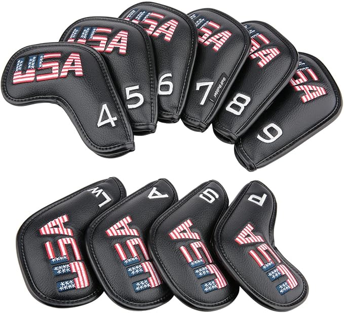 Golf Builder Black Leather USA Golf Club Iron Wedge Head Covers Fit All Brands