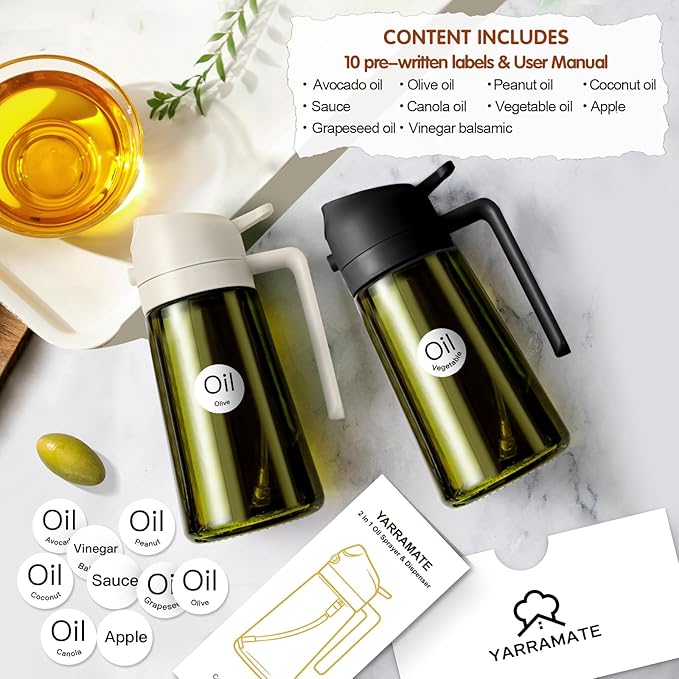 YARRAMATE 16oz/470ml 2PCS Light Blockage Dark Oil Sprayer for Cooking, 2 in 1 Olive Oil Dispenser Bottle for Kitchen, Green Glass Oil Bottle, Food-Grade Oil Mister for Air Fryer, BBQ (Black & White)