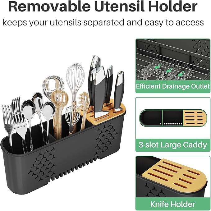 Large Dish Drying Rack - Expandable (19.3" to 29.4") Dish Rack for Kitchen Counter, Stainless Steel Dish Drainer with Utensil Holder, Pan Holder & Pot Lid Holder, Black