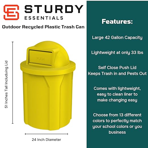 42 Gallon Circle 100% Recycled Plastic Heavy Duty Outdoor Commercial Trash Can with Push Open Dome Lid and Internal Liner | Great for Schools and Businesses - Yellow