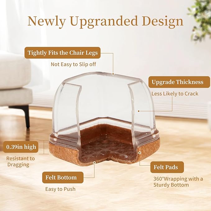 Square Chair Leg Floor Protectors Large 24Pcs,Silicone Chair Leg Protectors for Hardwood Floors/Tiles,Clear 360°Wrapped Felt Bottom to Prevent Scratch and Reduce Noise