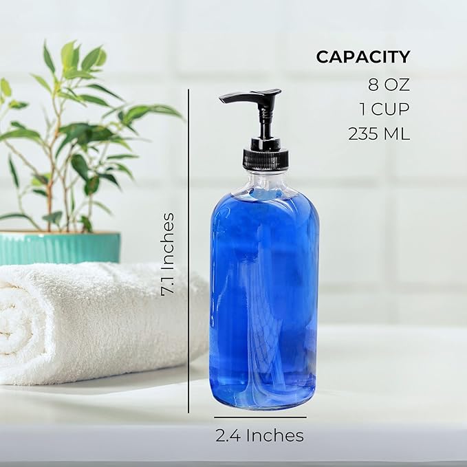 Cornucopia Brands 8oz Clear Glass Pump Bottles (4-Pack w/Black Plastic Pumps), Great as Essential Oil Bottles, Lotion Bottles, Soap Dispensers, and More