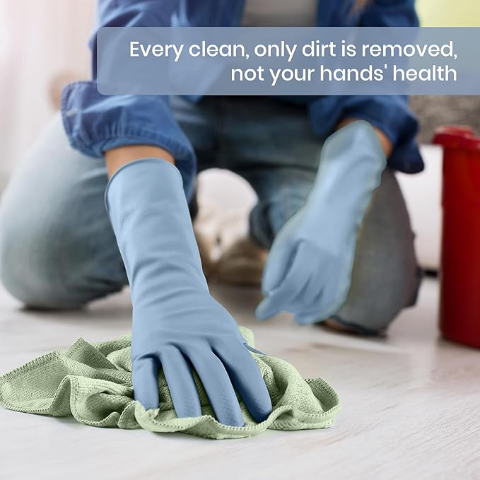 Rubber Cleaning Gloves for Dishwashing, 4 Pairs Reusable Kitchen Gloves for Washing Dishes and Household Cleaning, Blue Dish Gloves with Flocked Lining and Non-Slip Grip, Pefect for Woman Men - M