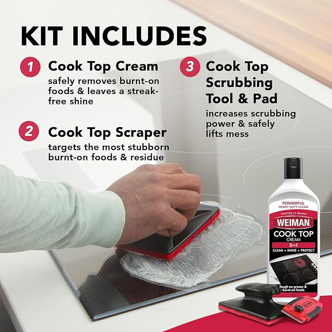 Weiman Cooktop and Stove Top Cleaner Kit - Glass Cook Top Cleaner and Polish 10 oz. Scrubbing Pad, Cleaning Tool, Razor, Scraper