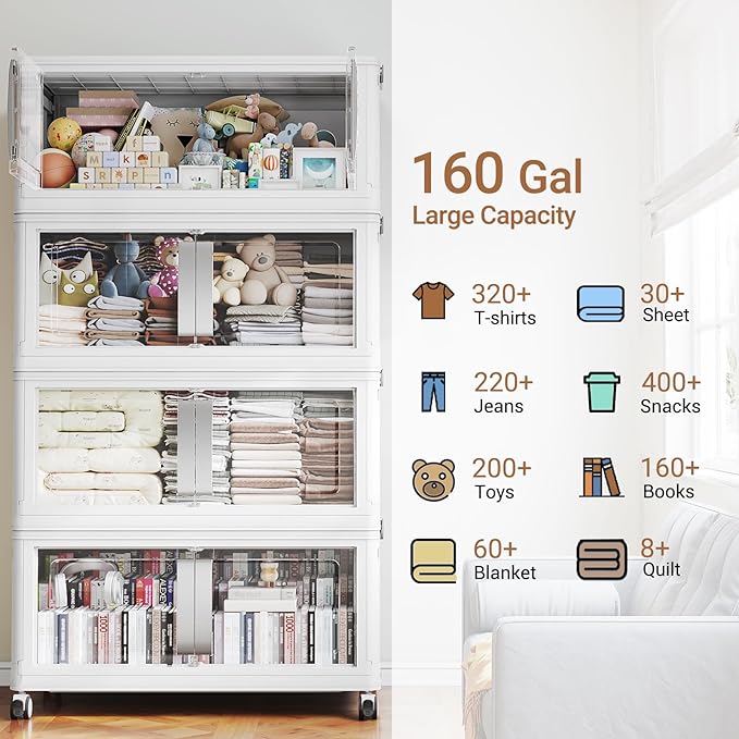 BROVIEW 640QT Stackable Storage Bins with Lids, 160Gal Extra Large Collapsible Storage Box with Wheel, Plastic Storages with Clear Door Open Front for Home Kitchen Garage, White-4pack(4 lids)