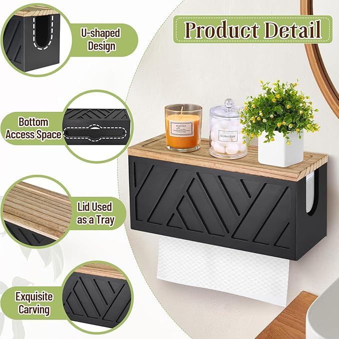Set of 2 Paper Towel Dispenser Wall Mount, Paper Towel Holder Wall Mounted with Lid, Solid Wood Commercial C-Fold, Z-Fold, Trifold Hand Paper Towel Holder Hand Towel Holder for Bathroom Kitchen Decor