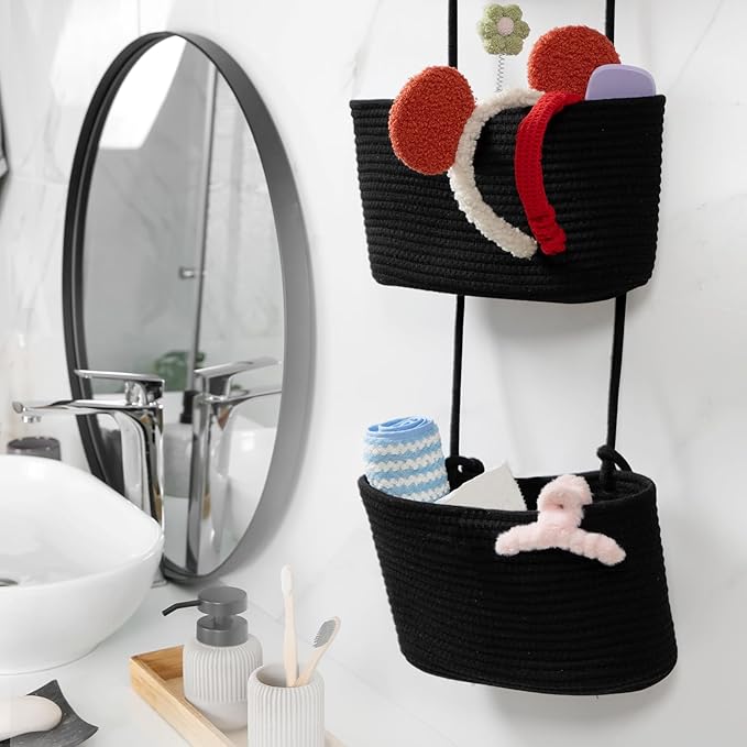 TeoKJ Over the Door Organizer, 3-Tier Woven Cotton Hanging Kitchen Baskets Storage Organizer Bag with Hooks Wall-Mounted Decorative Rope Baskets - Black