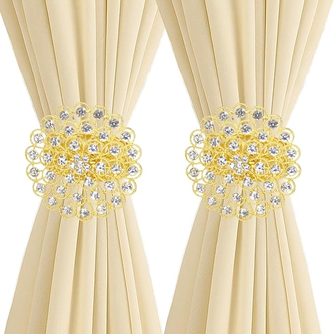 2 Pack Crystal Flower Curtain Tiebacks – Decorative Spring Wire Buckle Clips with Sparkling Rhinestone Flower Design, No Drilling, Easy Fit for Drapes & Sheers