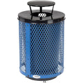 Global Industrial Outdoor Diamond Steel Trash Can with Rain Bonnet Lid, Raised Base and Plastic Liner, 36 Gallon Capacity, Blue, Thermoplastic Coating, 23-1/2" Diameter, 43-1/2"H