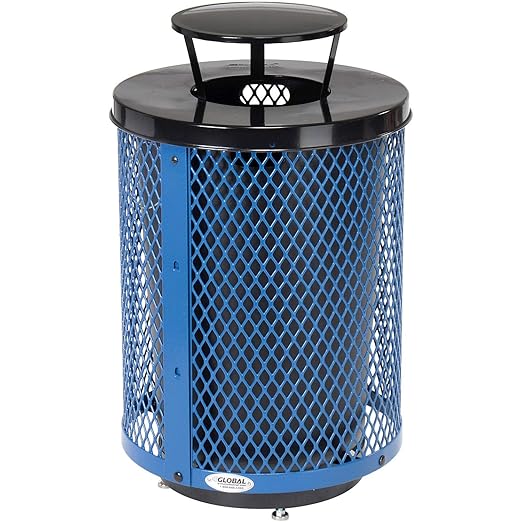 Global Industrial Outdoor Diamond Steel Trash Can with Rain Bonnet Lid, Raised Base and Plastic Liner, 36 Gallon Capacity, Blue, Thermoplastic Coating, 23-1/2" Diameter, 43-1/2"H