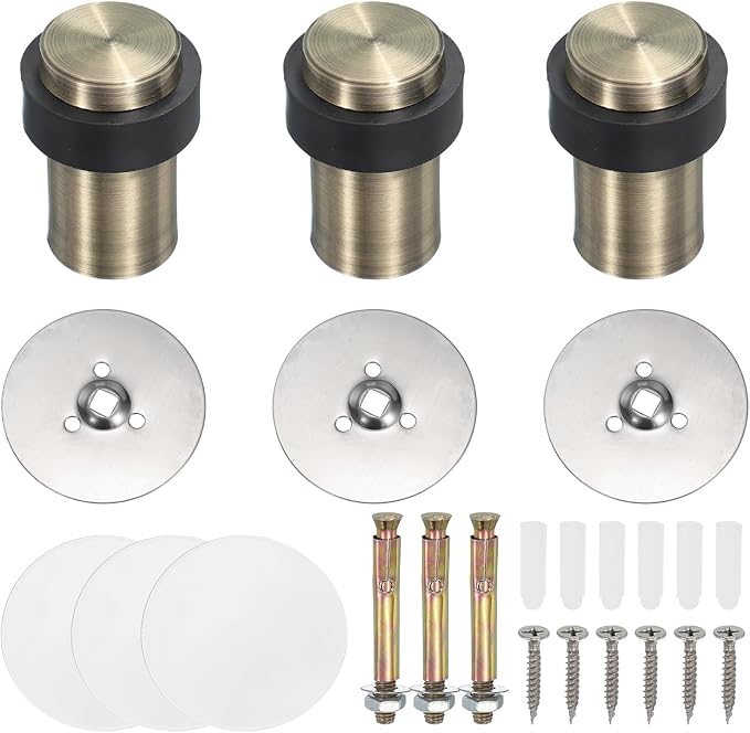 PATIKIL 3Set Round Door Stoppers, 60mm Stainless Steel Door Stop Doorstop Wedge Metal Cylinder Self Adhesive with Screw for Bottom of Door Floor Inside, Bronze