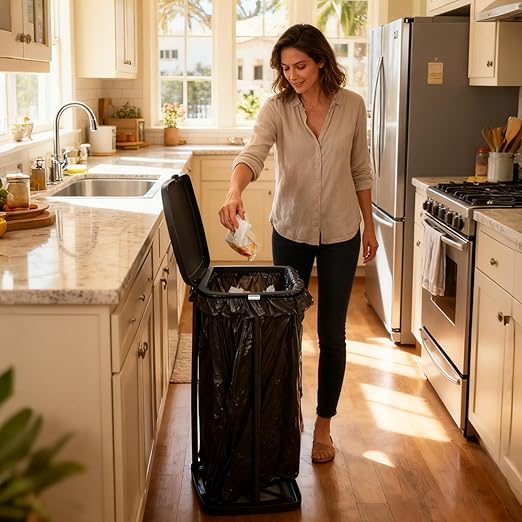 Portable Trash Bag Holder Collapsible Garbage Bin with Lid and Bands, Expandable Indoor Outdoor Trash Can Holder Stand for RV Camping Kitchen, Black