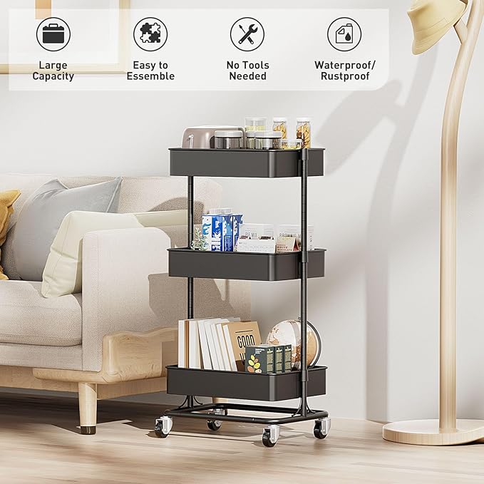 3 Tier Modern Metal Rolling Tool Cart with Silent Casters, 17.72×12.40×35.04 inch Heavy Duty Organization Truck Trolley Organizer for Office, Living Room, Kitchen, (Black)