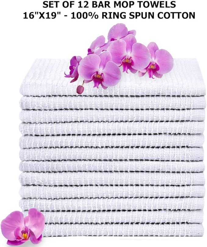 Bar Mop Towels 16”x19”, White Kitchen Bar Towel 12 Pack, 100% Cotton Ribbed Cleaning Cloths Rags, Super Absorbent Terry Shop Towels for Home Restaurant Commercial Use