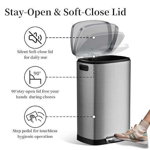 13 Gallon Trash Can with Lid, 50L Fingerprint Proof Stainless Steel Kitchen Trash Can with Removable Inner Bucket and Lid Soft Close, Pedal Rubbish Bin for Home Office（Silver）