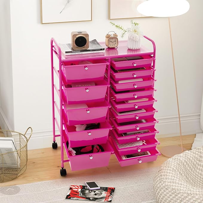 GOFLAME 15-Drawer Rolling Storage Cart, Multipurpose Movable Organizer Cart, Utility Cart for Home, Office, School, Hot Pink